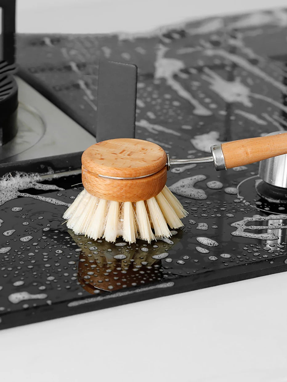 Bamboo Kitchen Cleaning Brush Natural Dishes Pots Pans Sink Washing Brush Eco-friendly Clean Scrubber with Draining Storage Tray