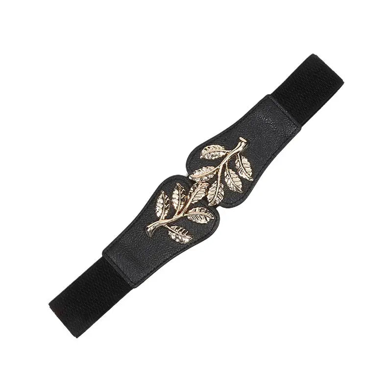 Women's Waist Cover Fashionable Gold Leaf Elastic Waist Closure With Double Hook Buckle Wide Belt Paired With Skirt Women Belt