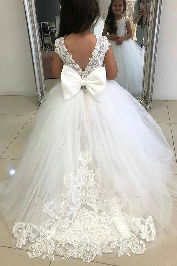 White Bridesmaid Dress For Girls Lace Big Bow Flower Girl Dresses Ball Gown Kids Wedding Party Pageant First Communion Gown
