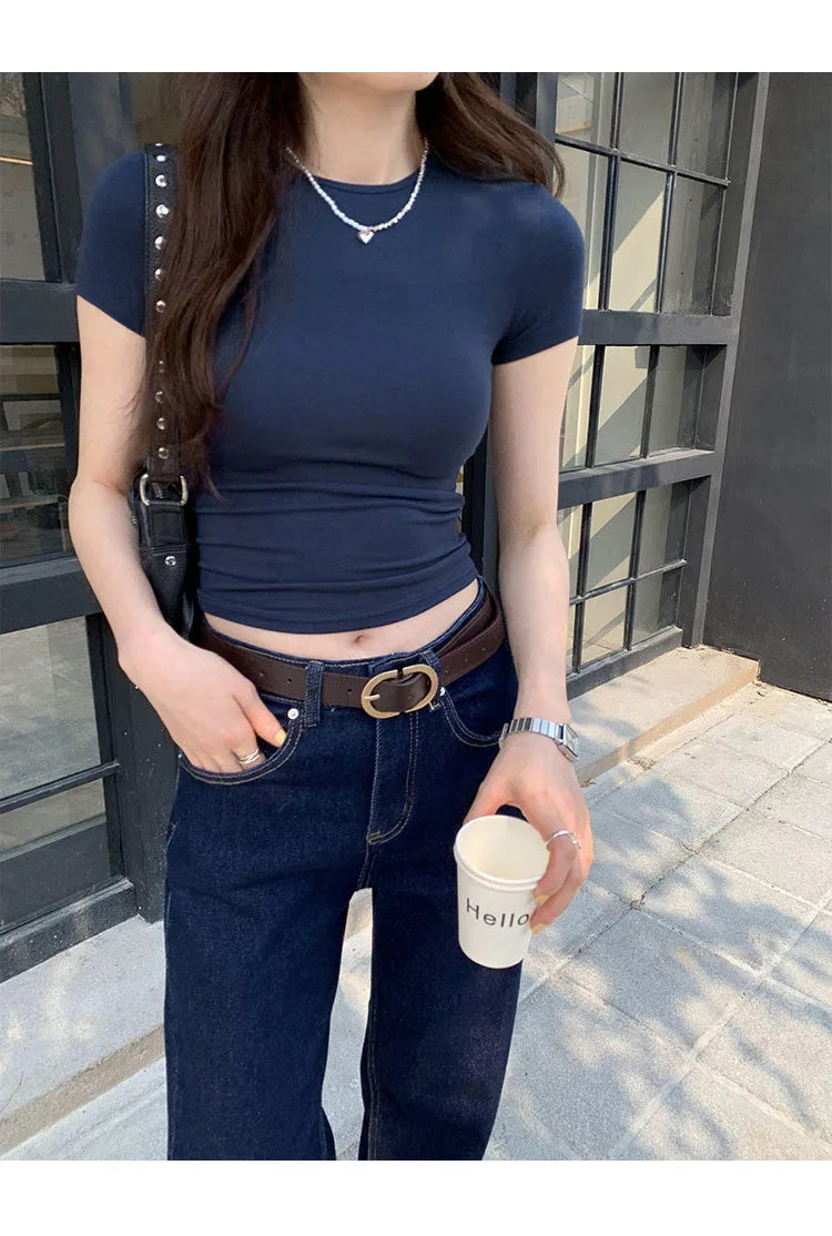 Women's Basic Solid Crop Top Short Sleeve Crewneck Skinny T-shirt Summer Casual Y2K Vintage Harajuku Streetwear