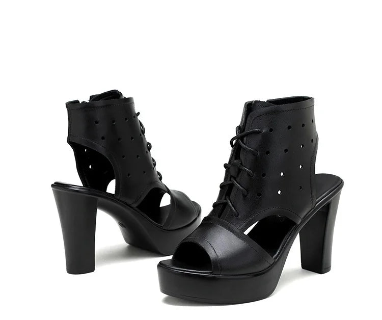 8cm 10cm Small Size 32-43 Fashion Black Block High Heels Gladiator Sandals 2024 Women's Platform Shoes for Office Model Mom