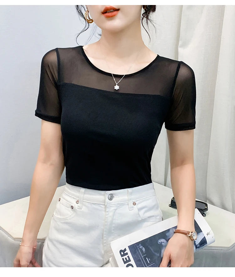 Summer New round Ne ort Sve Me Base irt Sexy Dance Inner Wear Slimming  Color Top Thin T-irt Casual Sle