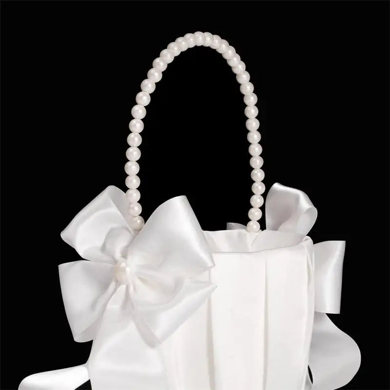 1-2pcs Pearl Handle Flower Basket Satin White Western Rustic Bowknot Wedding Basket Foldable Flower Basket For Floral Petals