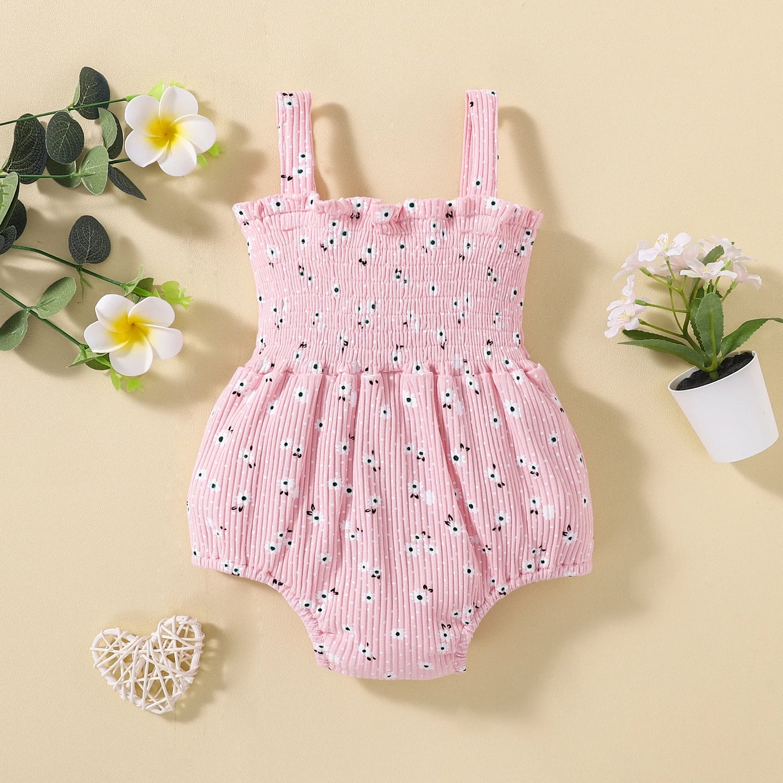 Summer Newborn Ribbed Bodysuit, Baby Girls Sleeveless Flower & Dot Print Jumpsuits with Bow Elastic Playsuits