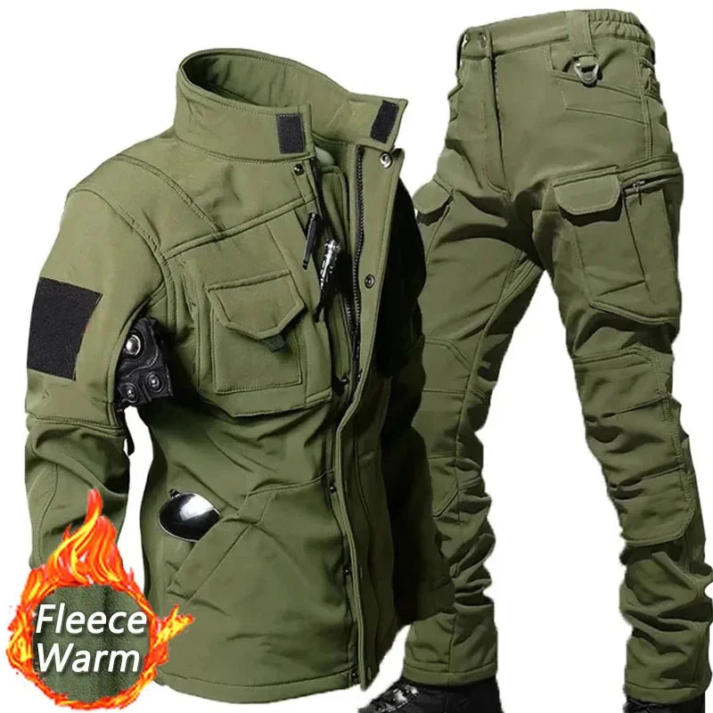 Waterproof Shark Skin Tactical Sets Mens Thicken Fleece New Soft Shell Combat Jackets+windproof Warm Cargo Pant 2 Piece Set