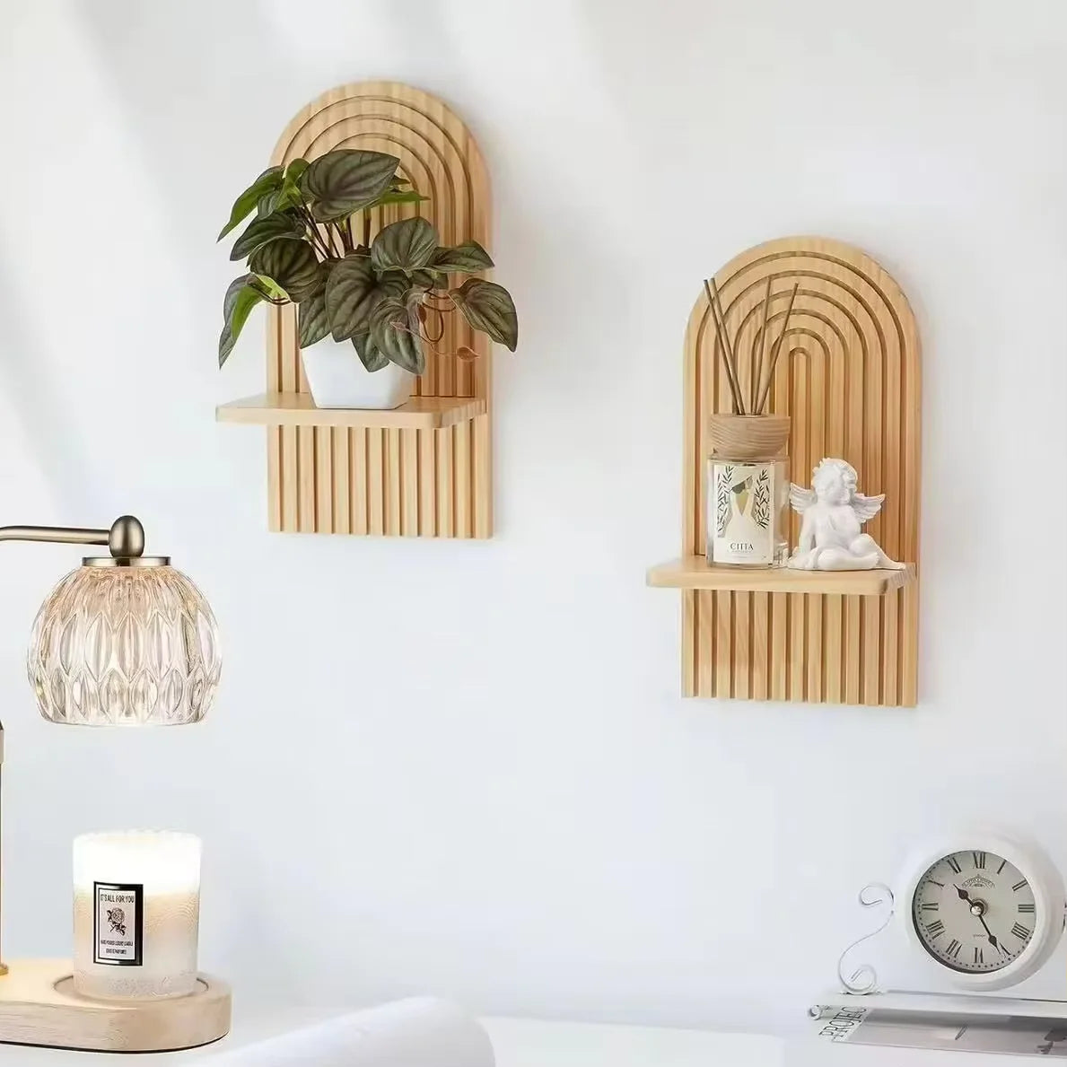 1Pc Boho Style Wooden Wall Shelves - Geometric Wall Mounted Shelves, Natural Wood Finish, Modern Home Decor, Plant Decorative
