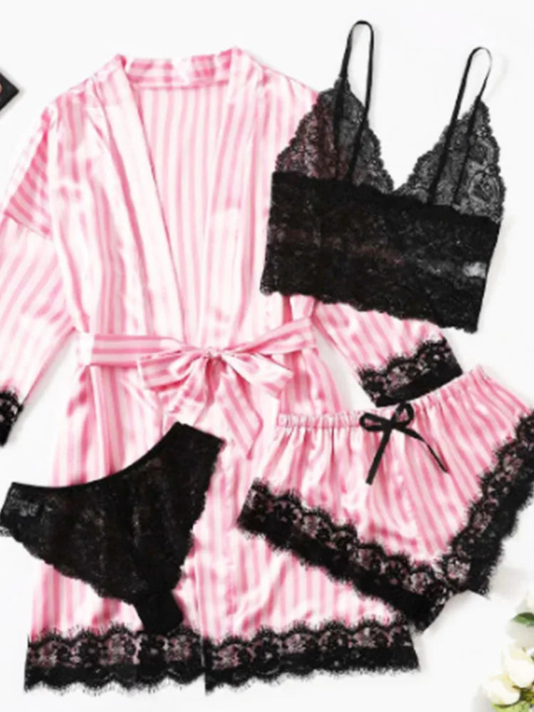 new Women's Sleep Lounge New Pajama Sets European American 4-piece set with lace satin suspender summer set for sleeping pajamas