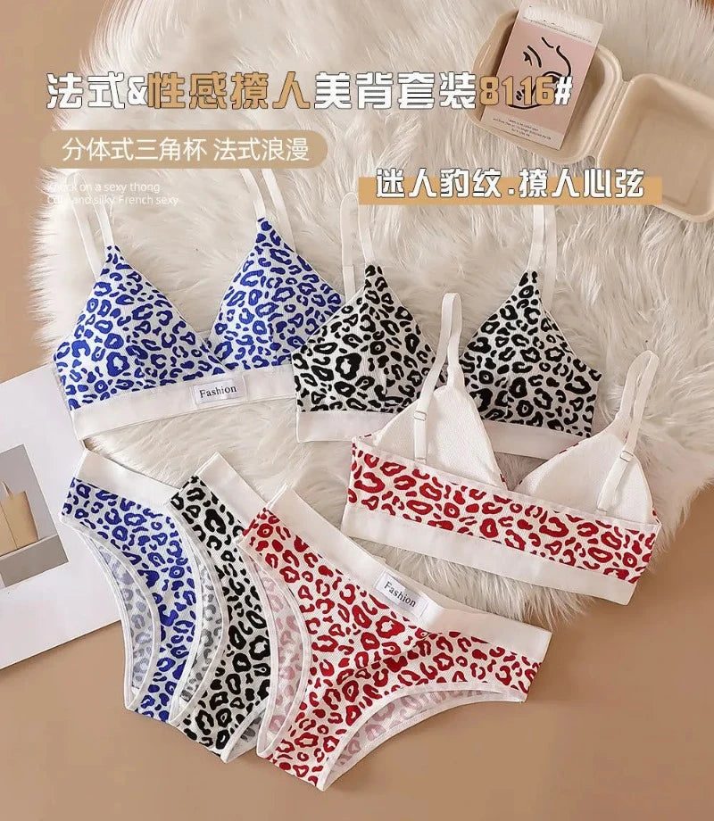 Women Seamless Bra Set Low Waist Panties Leopard Bralette Sexy Lingerie Set Vneck Sport Brassiere Female Cotton Underwear Set