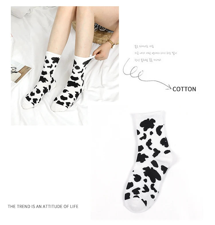 Cute Cow Print Socks for Women White Black Funny Cartoon Animals Sock Girls on Sale Fashion Casual Streetwear Skateboard