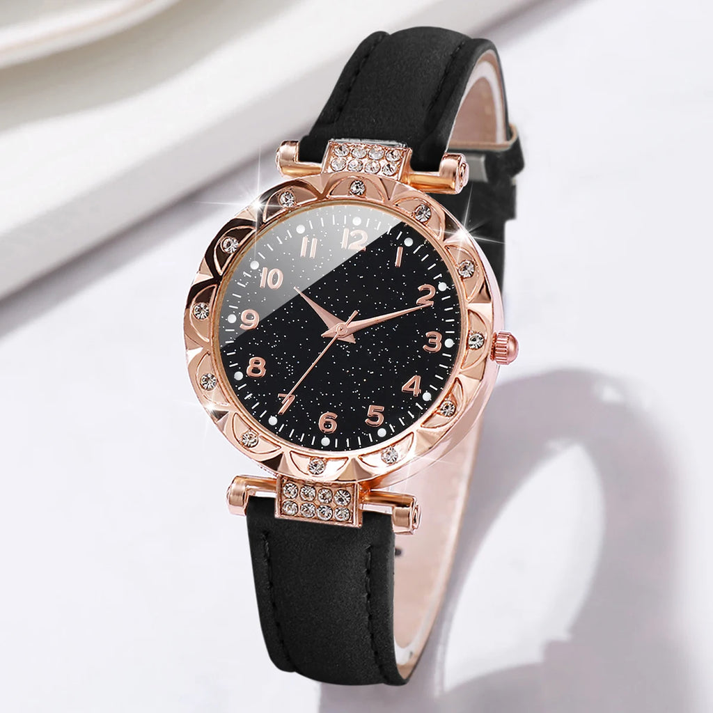 2PCS/Set Fashion Rhinestone Women's Quartz Watch Analog PU Leather Band Wrist Watches Heart Bracelet