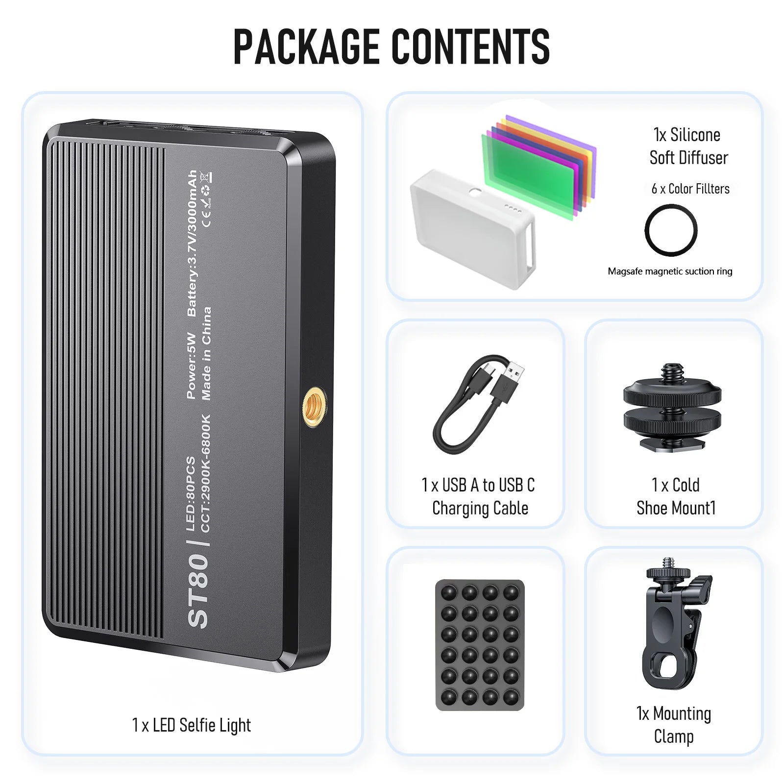 Video Light with 6 Color Filters 0-100% Adjustable 3000mAh Battery Fill Light for Selfie Photography Live Streaming