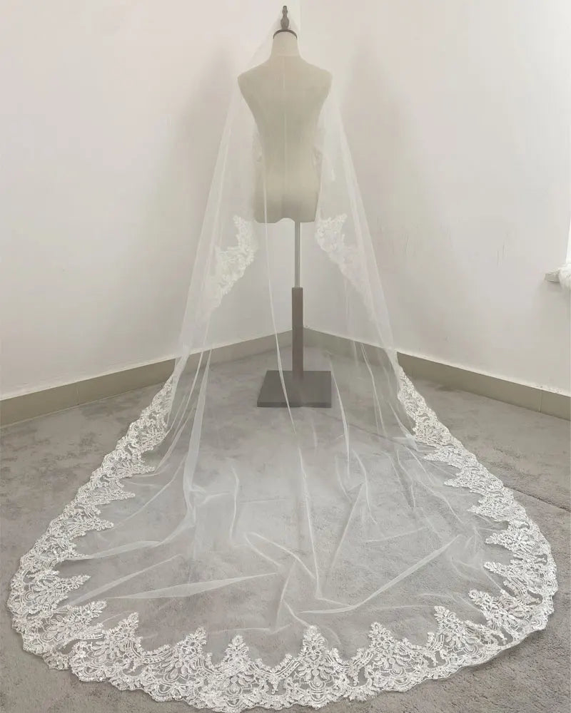 Real Photos White/Ivory Cathedral Wedding Veil 3M One Layer Lace Beads Mantilla Bridal Veils Wedding Accessories Veu De Noiva