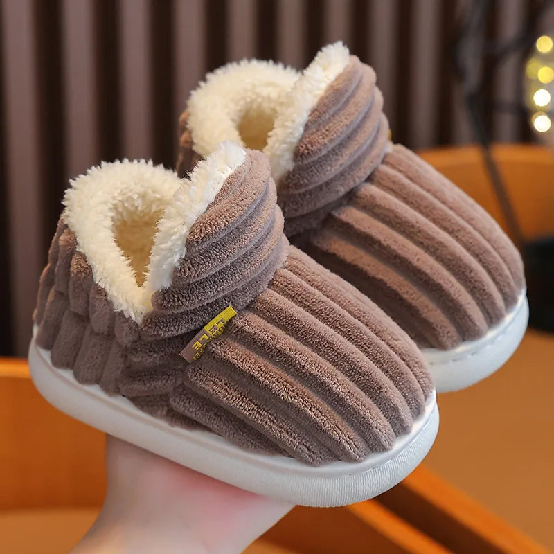 Winter children's cotton slippers for boys and girls, anti slip and warm bags, and parent-child fuzzy and plush home baby cotton
