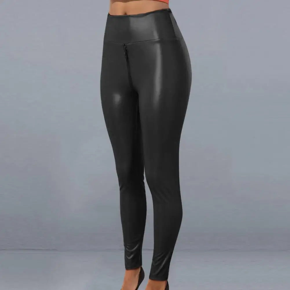 Women Pants Skinny Tummy Control Faux Leather Zipper Open Crotch Lady Trousers Butt-lifted Matte Exotic Bodycon Trousers