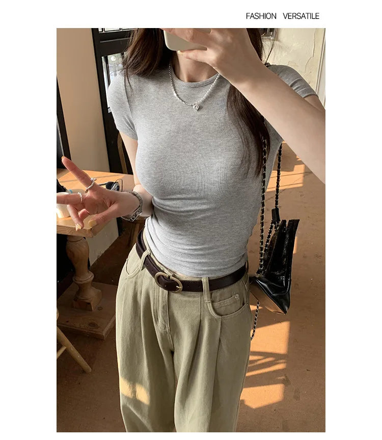 Women's Basic Solid Crop Top Short Sleeve Crewneck Skinny T-shirt Summer Casual Y2K Vintage Harajuku Streetwear