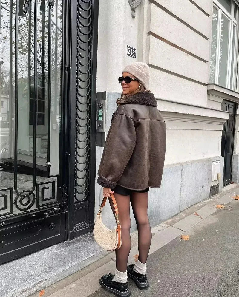 TRAF Woman Thick Faux Leather Jackets for Women Coat Autumn Winter Warm Wool Blends Coats Demi-season Plush Jacket Outerwear