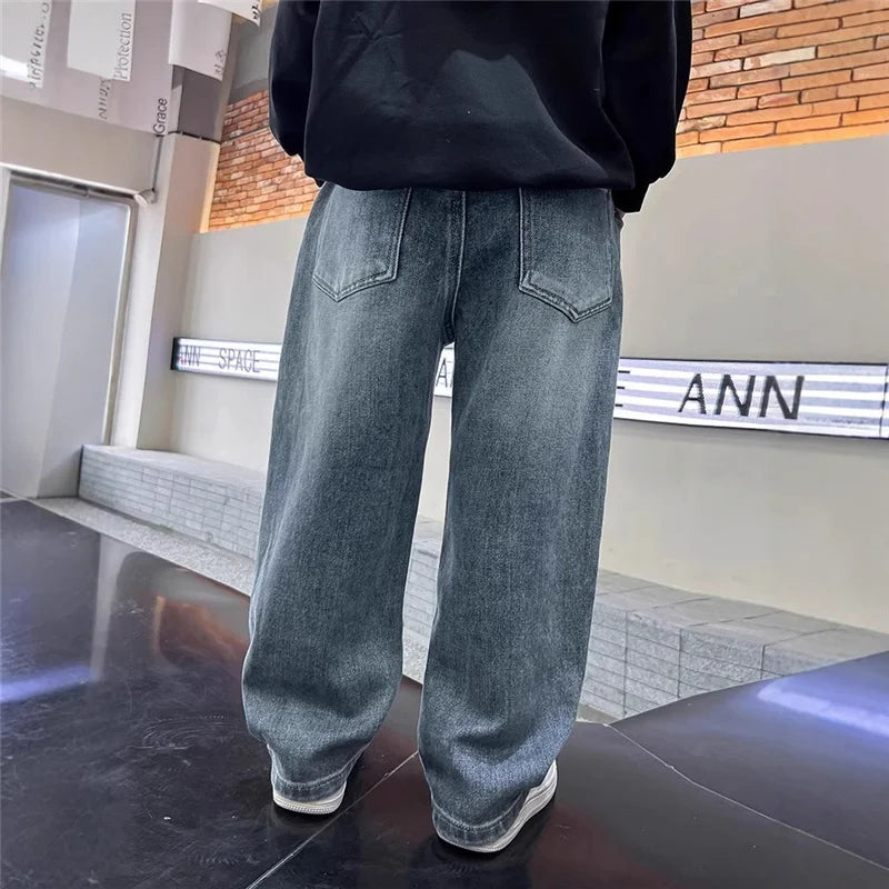 Boys Jeans Pants Spring Kids Wide Leg Straight Trousers Autumn Loose-Fit Casual Trousers Children's Trendy Sweatpants Pant 5-14Y