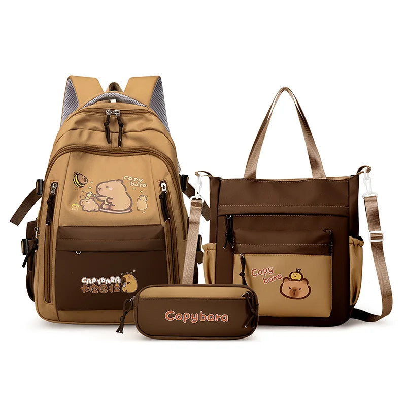 Capybara School Backpack Teens Girls School Bags Set Casual Daypack Kids 3Pcs Book Bag Kawaii Children Schoolbag Travel Backpack