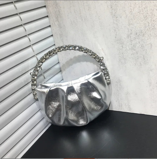 Lady Blue/Pink Diamond Circular Evening Bag Women Fushia Round Handle Rhinestone Dinner Clutch Purse Ladies Half Moon Handbags