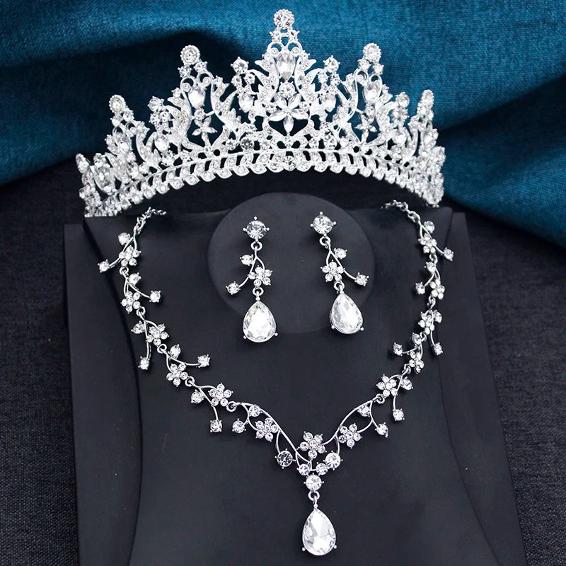 Purple Tiara Flower Bridal Jewelry Sets for Women 3Pcs Tiaras and Necklace Earrings set Wedding Crown Brides Costume Accessories