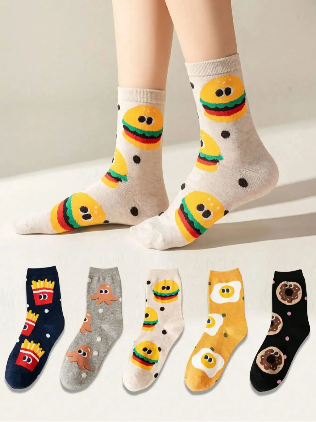 5 Pairs of Mixed Color Kidsren's Socks with Cartoon Cute Hamburger and Fries Patterns for Boys and Girls, Trendyy and Versatile Youth Mid-Calf Socks, Suitable for Casual Daily Life