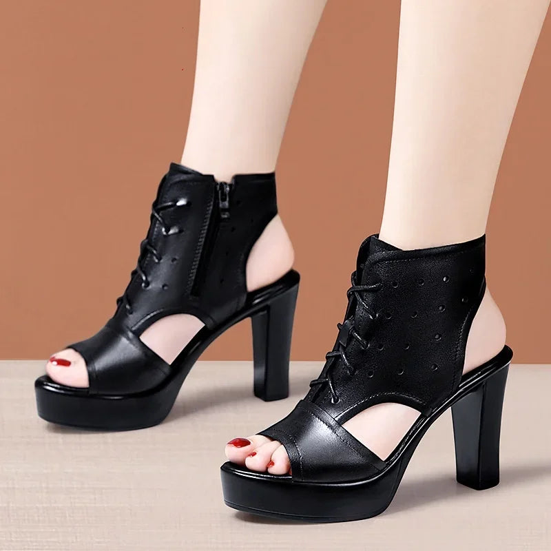 8cm 10cm Small Size 32-43 Fashion Black Block High Heels Gladiator Sandals 2024 Women's Platform Shoes for Office Model Mom