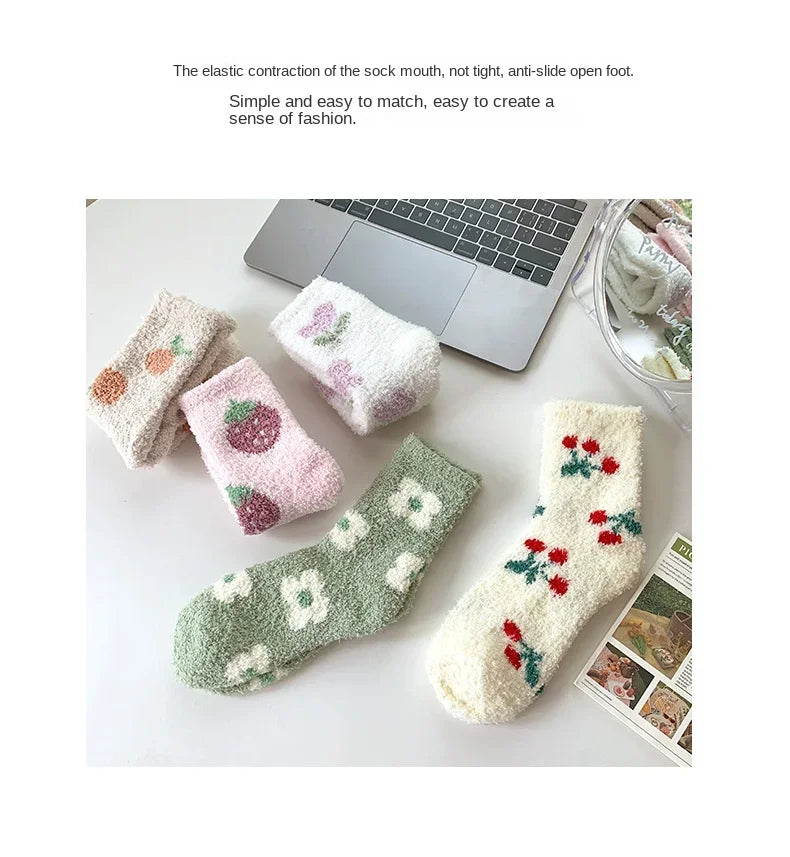 Japanese Kawaii Cute Socks Autumn Winter Thicken Warm Soft Plush Women Socks Coral Fleece Thermal Homewear Floor Sleeping Socks