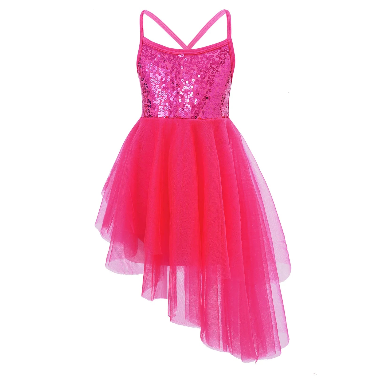Girls Ballet Dress Lyrical Dance Gymnastics Skating Stage Performance Costume Shiny Sequin Mesh Tulle Leotard Tutu Dancewear
