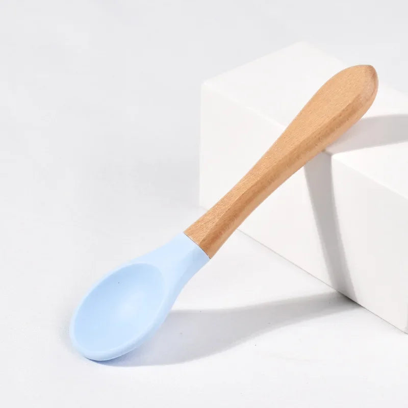 Spoons Baby Feeding Spoon Fork Wooden Handle Spoon Fork Set Soft Silicone Tip Spoon Fork BPA Free Food Grade Infant Toddlers