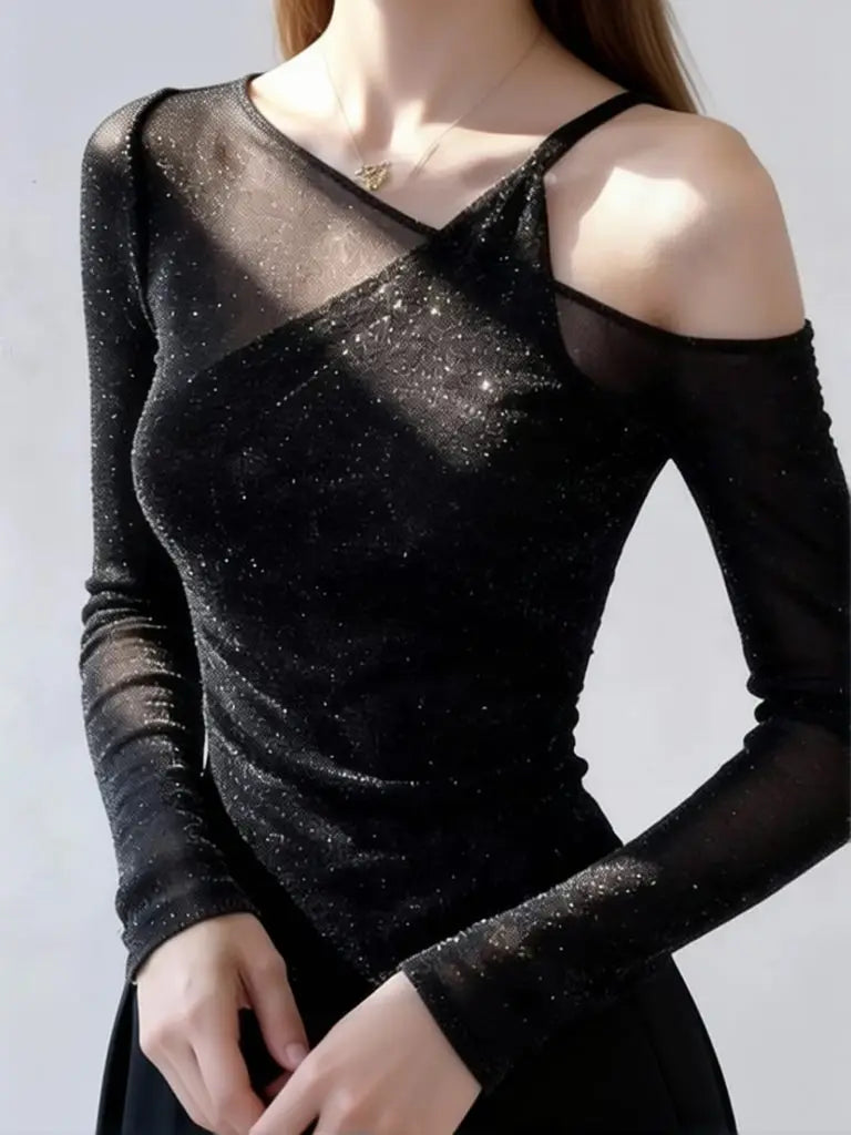 Fake Two-Piece Bling Sequin Tops Layered Tees Women Long Sleeve Off Shoulder T-Shirt Ladies Sexy Mesh Top Basic