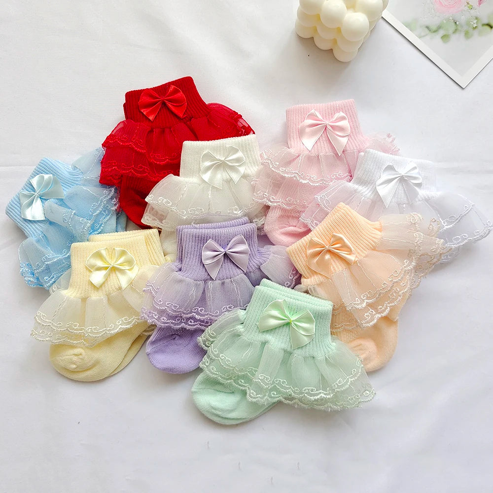 0-9Y Baby Cotton Socks With Lace Girls Ankle Socks Bows Toddlers Floor Sock Cute Frilly Socks For Children Girls Princess Sock