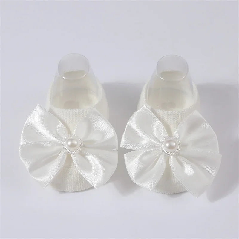 Baby Pearl Bow Solid Color Floor Socks Newborn Infant Knitted Breathable Socks Sweet Cute Girls Princess Children Birthday Gifts