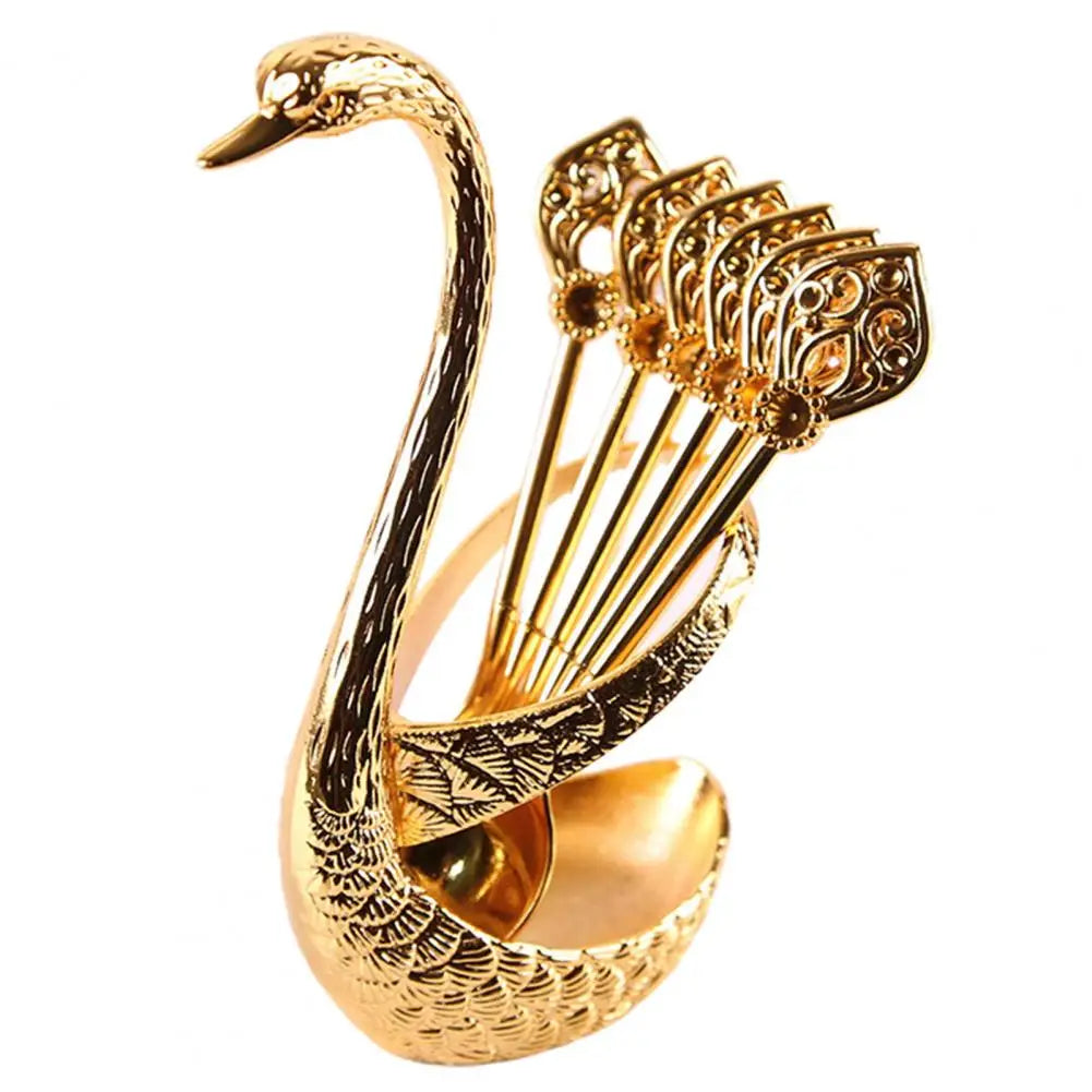 Stirring Spoon High Durability Cutlery Spoon Set Bright Color Swan Shaped Storage Holder Spoon Dinnerware Set Multipurpose