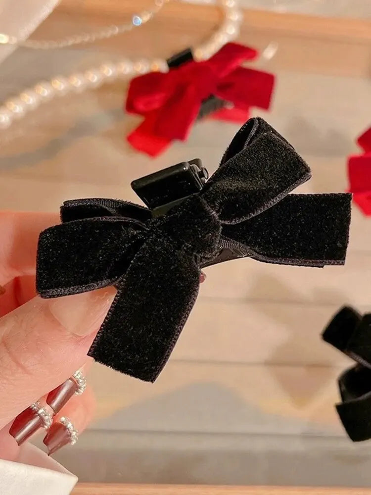 2pcs Black Bow Small Grab Clip Women's Autumn And Winter Vintage Velvet Bangle Clip Hair Clip Style Princess Hair Clip Headwear