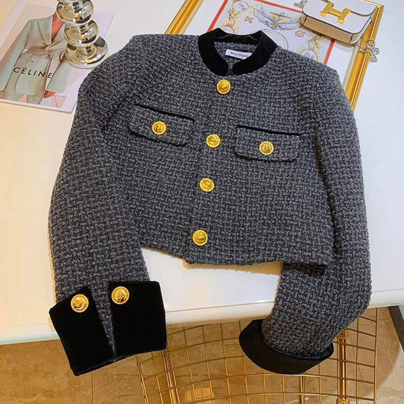 Fashion Stitching Tweed Short Jacket Women Autumn Winter Elegant Office Lady Coat Y2K Korean O Neck Single Breasted Crop Outwear