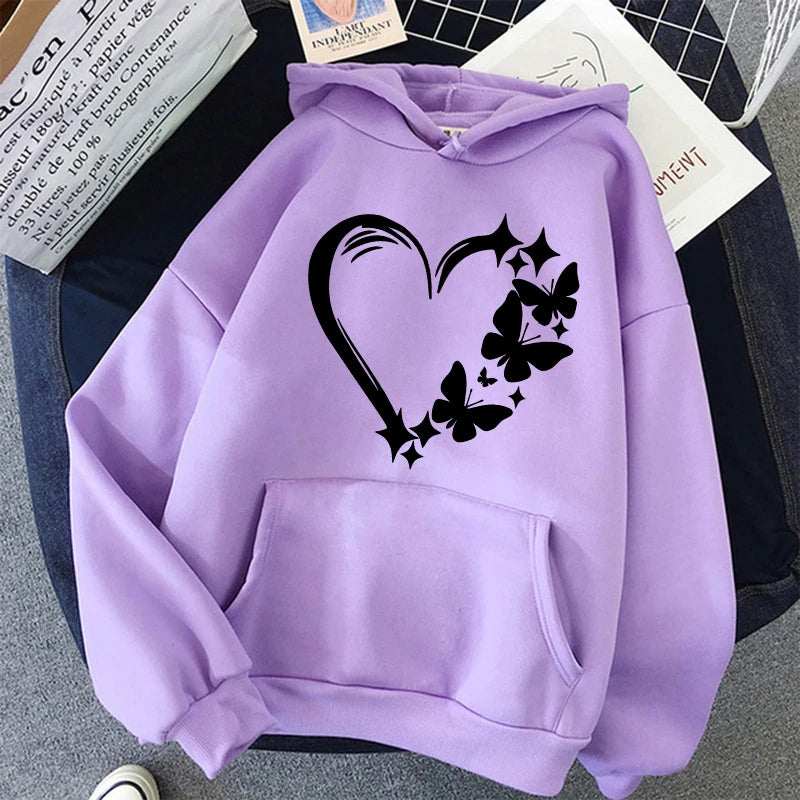Combination of Love and Butterfly Pattern Long Sleeve Hoodies Women's Trendy Pocket Sweatshirt  Vintage Y2k Hooded Clothing