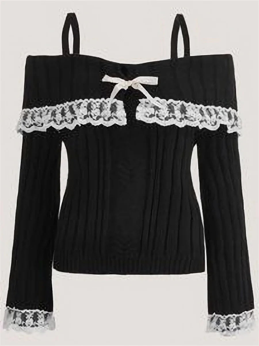 Grunge Women Off Shoulder Knit Sweater Pink Pullover Sweet Pullovers  Long Sleeve Bow Lace Patchwork Jumpers Y2k Streetwear