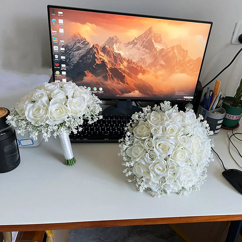 Bridal Bouquet Wedding Flowers Bridesmaids Silk Roses Fake Babys Breath Bride Wedding Accessories Table Centerpiece Decoration