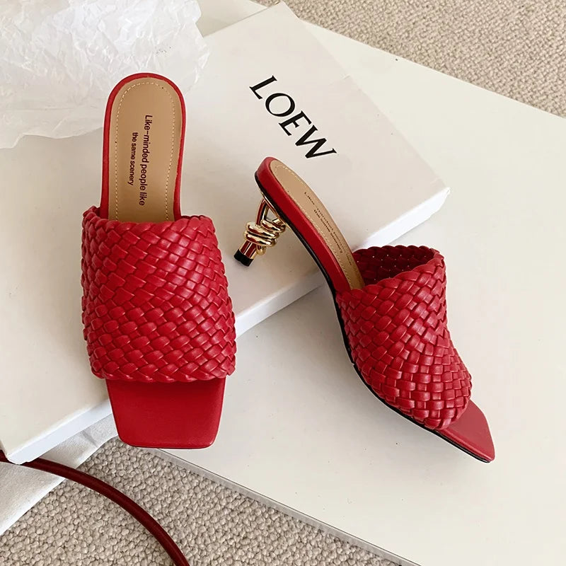 Summer Sandals Women Concise Style Slippers Weave Sandals for Girls Sexy Kitten Heel Elegant Dress Party Wedding  Sandalias