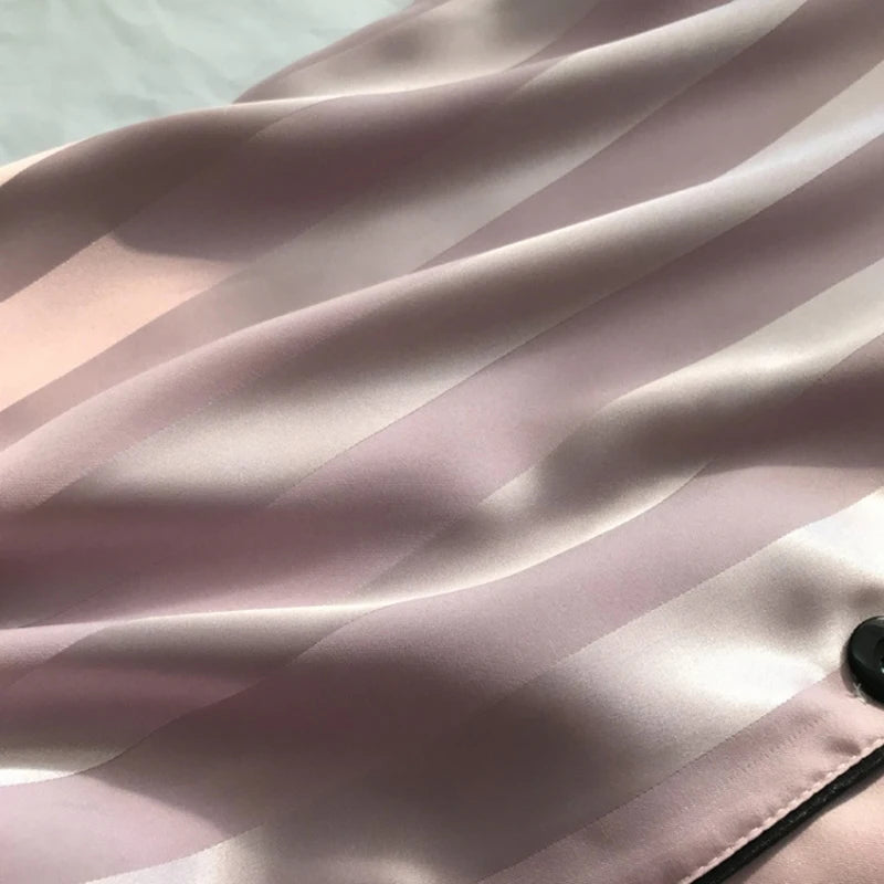 1 Set Women's Elegant Lounge Set, Plus Size Satin Striped Button Up Long Sleeve Shirt & Pants Pajamas