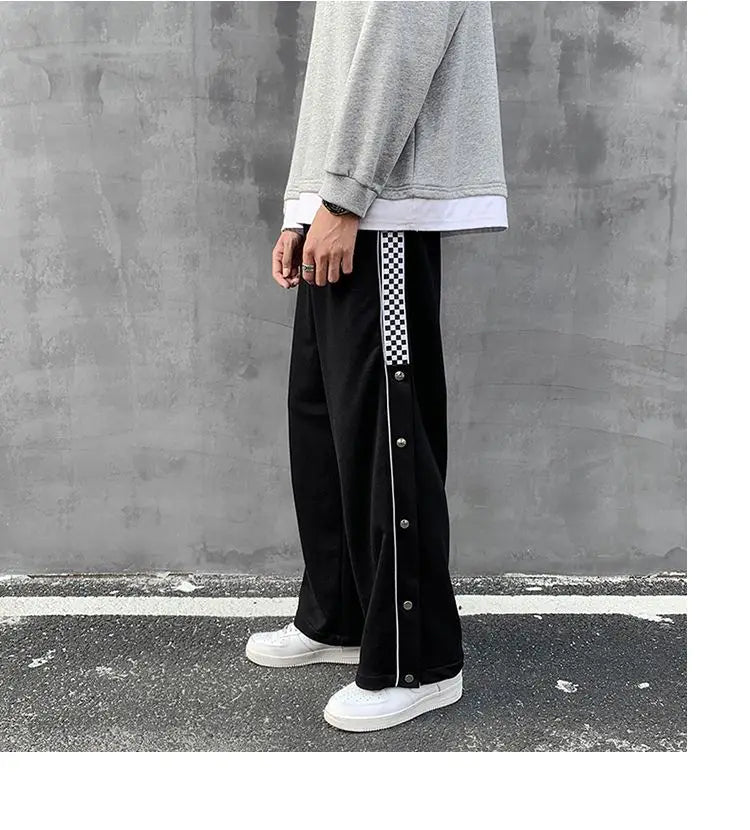 Split Reflective Stripe Casual Pants Unisex Trendy Patchwork Button Pants Spring Summer Straight Loose Sports Pants