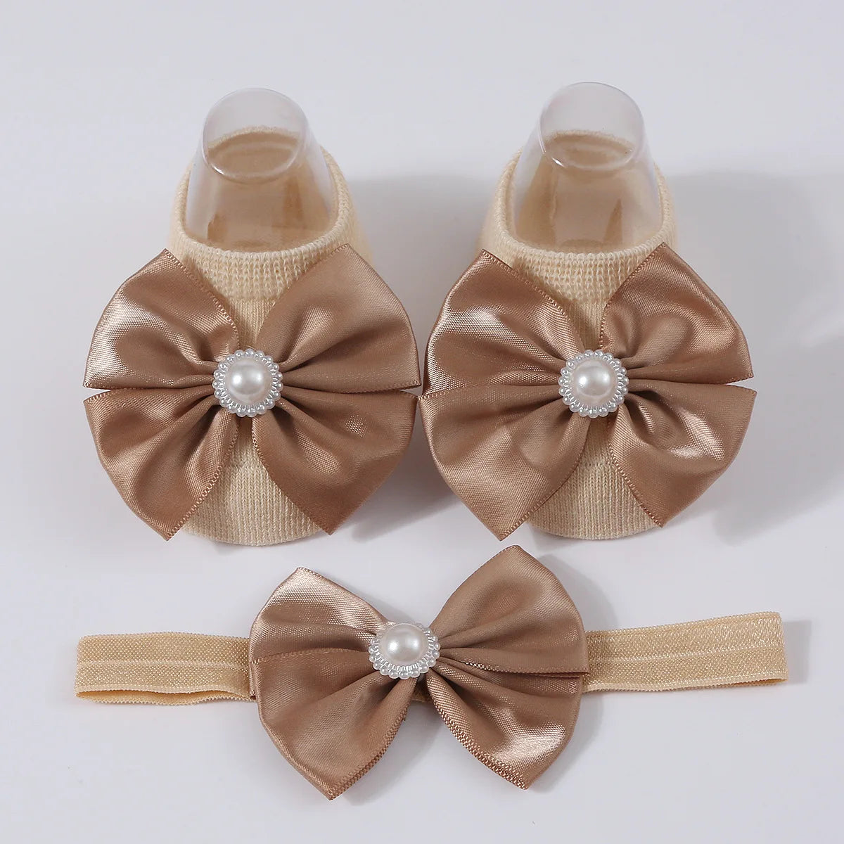 1Set New Baby Pearl Bowknot Headbands Socks Newborn Toddler Soft Prewalker Sock Girl Infant Cute Knitted Cotton Hairband Socks