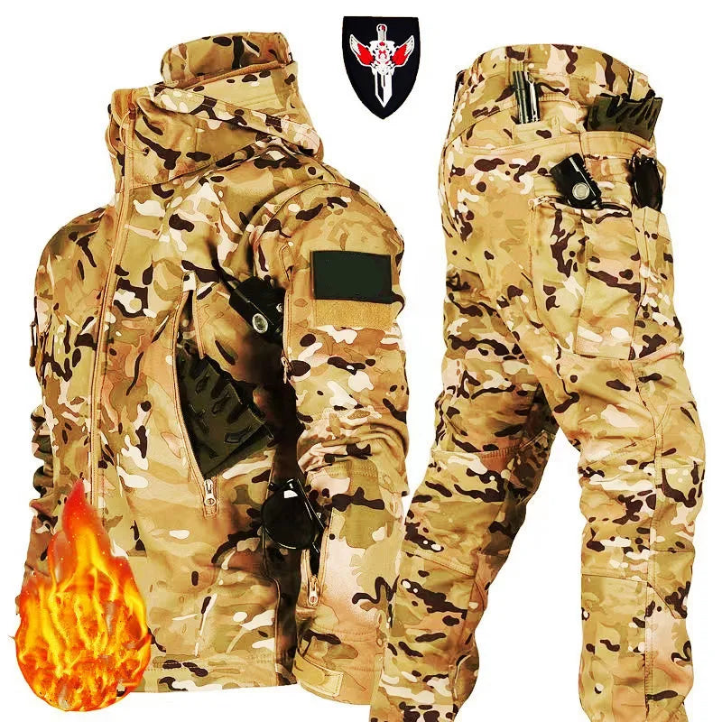 Tactical Winter Set Men's Outdoor Windproof Waterproof Suit Multi-Pocket Soft Shell Hooded Jackets Sharkskin Work Pants