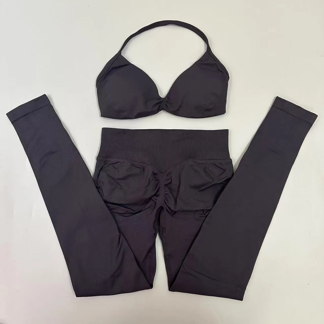 Seamlessyoga Set Women Workout Scrunch Leggings Set Strappy Halter Sports Bra Fitness Gym Clothing Workout Set 2 Pieces