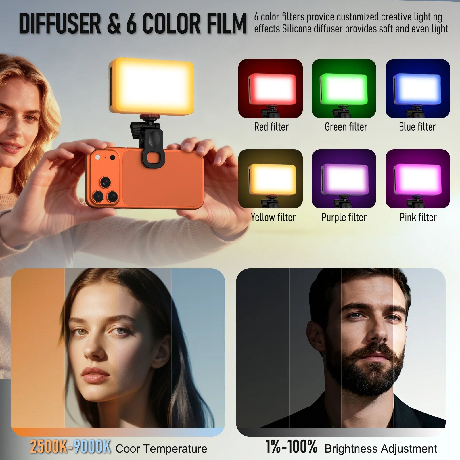 Video Light with 6 Color Filters 0-100% Adjustable 3000mAh Battery Fill Light for Selfie Photography Live Streaming