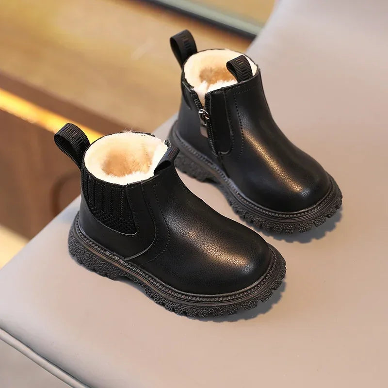 Autumn Winter Kid Boys Girls Casual Ankle Boots Comfortable Simple Side Zipper Leather Boots Velvet Warm Non-Slip Boots
