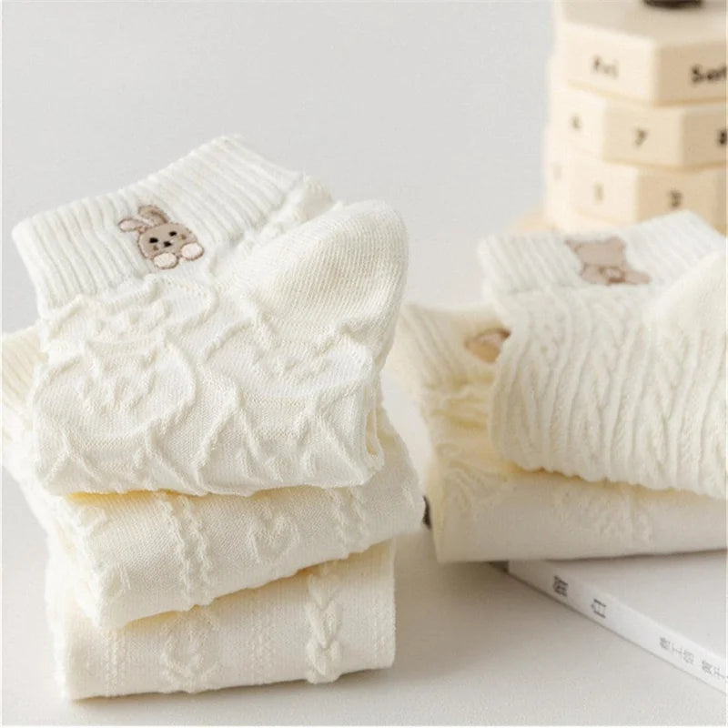 5pairs Women Socks Spring Summer Cute Bear Rabbit Rainbow Print Ankle Socks Casual Short Socks