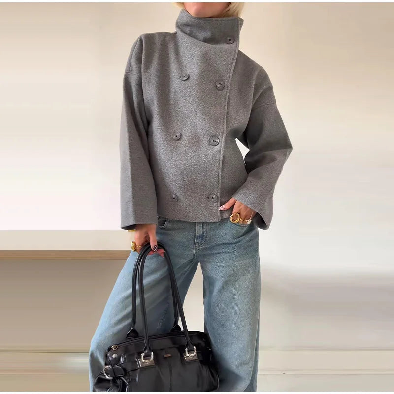 Elegant Women's Short Woolen Coats Stand Collar Double Breasted Long Sleeve Female Jacket 2025 Autumn Winter Lady Warm Outwear