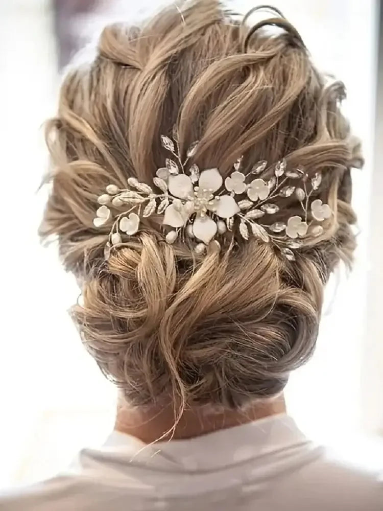 Bridal Wedding Pearl Flower Hairpin Side Comb Golden Leaf Shaped Alloy Tiaras Insert Jewelry Comb Hair Jewelry Bride Headwear