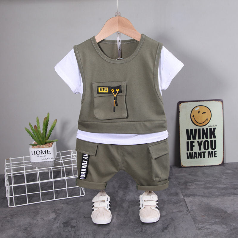 New Children Cotton Clothes Summer Kids Boys Patchwork T Shirts Shorts Pants 2Pcs/sets Infant Kids Toddler Tracksuits 0-5 Years
